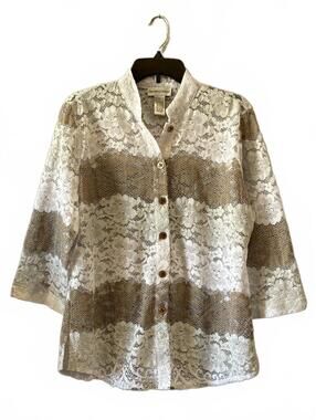 Drapers & Damons Women's Lace Button Front Blouse Top Size L White Tan